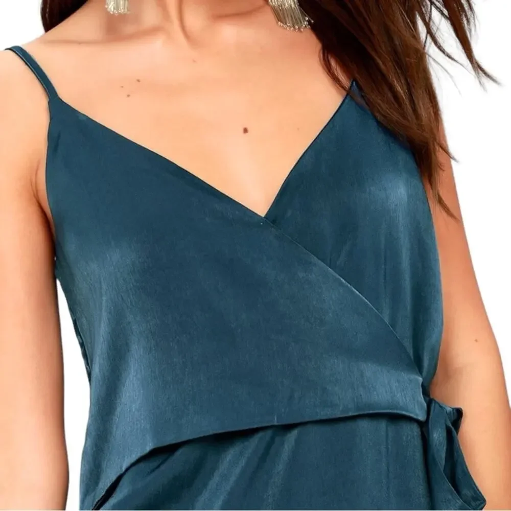 Lulus Fall in Love Blue Satin Midi Wrap Dress XS
